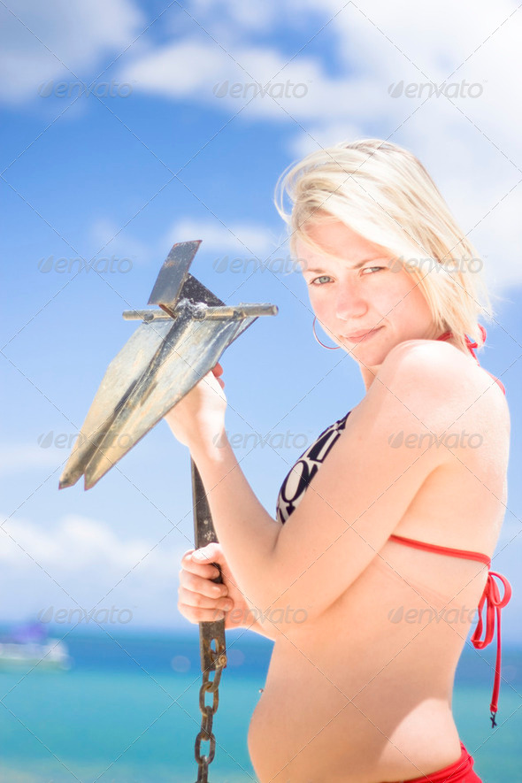 Woman With Anchor On Beach - Stock Photo - Images
