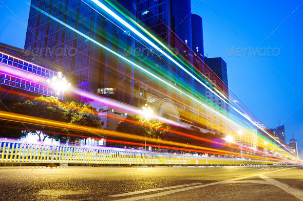 Nightscape Downtown with headlights trails - Stock Photo - Images