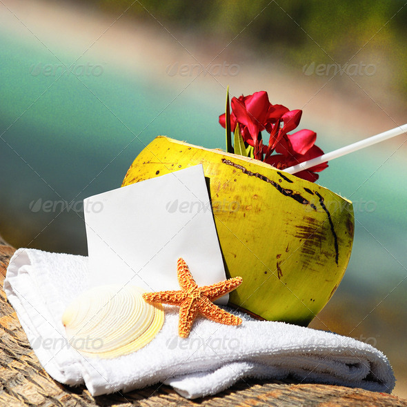 Caribbean paradise beach coconuts cocktail - Stock Photo - Images