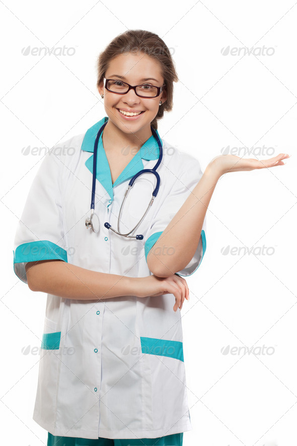 medical doctor woman presenting and showing copy space for product or text. - Stock Photo - Images