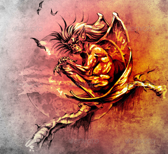 Sketch of tattoo art, gargoyle monster sitting in a tree - Stock Photo - Images