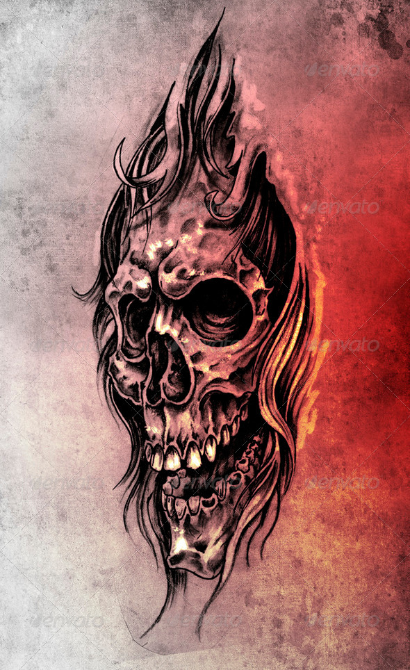 Sketch of tattoo art, skull head illustration, vintage style - Stock Photo - Images