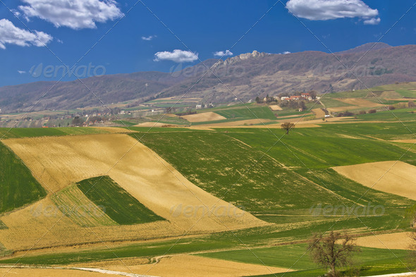 Beautiful green scenery - fields and mountain - Stock Photo - Images