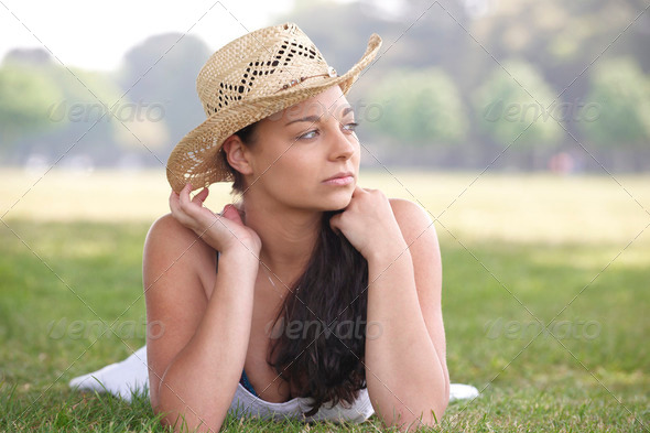girl wearing summer hat - Stock Photo - Images