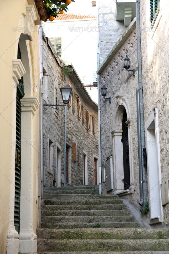 Backstreet in old town of Herceg Novi, Montenegro - Stock Photo - Images