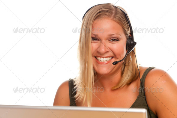 Beautiful Friendly Female Customer Support Phone Operator in Front of a Computer Screen on White - Stock Photo - Images