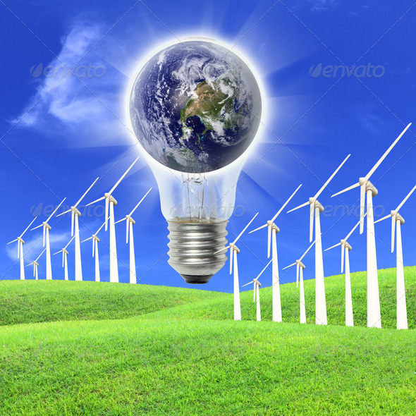 Wind turbines farm energy production to the world 2 - Stock Photo - Images