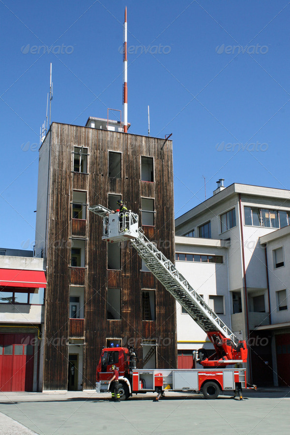 fire trucks ladder truck during a rescue mission - Stock Photo - Images