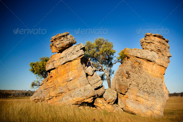 Split Rocks with Woman - Stock Photo - Images