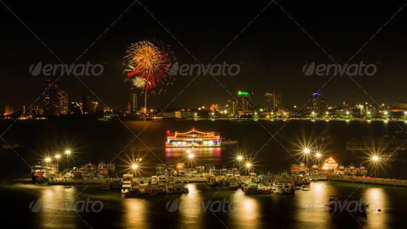 Fireworks at Pattaya bay - Stock Photo - Images