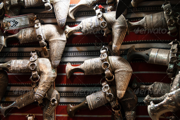 Traditional Oman Khanjar (daggers) on display at a market shop in Muscat, Oman. - Stock Photo - Images
