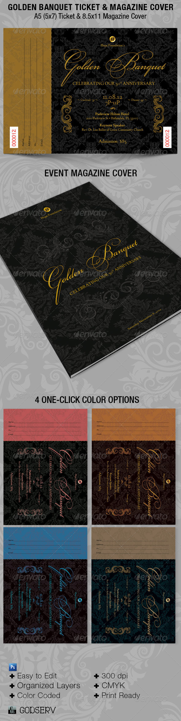 Golden Banquet Ticket and Magazine Cover Template - Miscellaneous Print Templates