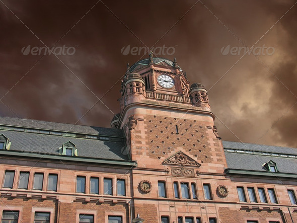 Storm approaching Post Office Building in Stockholm - Stock Photo - Images