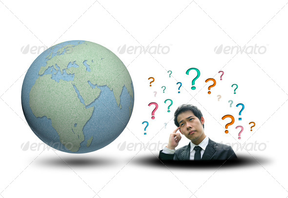 World map and earth globes business man thinking - Stock Photo - Images