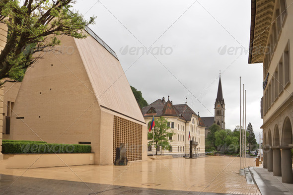 The building of parliaments of Liechtenstein on the main square. Vaduz. Europe. - Stock Photo - Images
