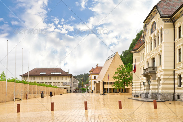 The building of parliaments of Liechtenstein on the main square. Vaduz. Europe. - Stock Photo - Images
