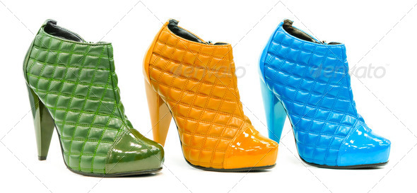Three colorful leather stylish shoes with high heel and decorate - Stock Photo - Images