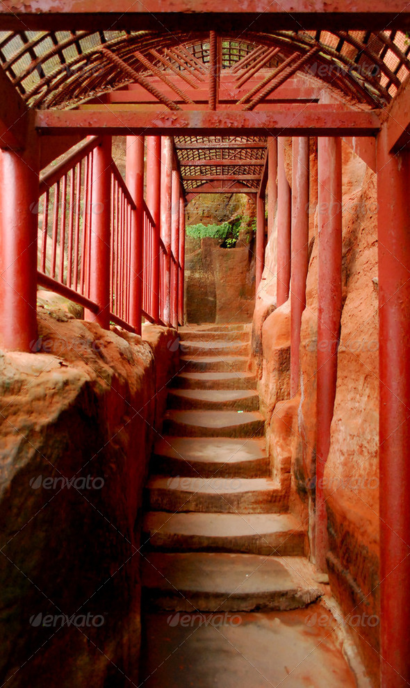 Red stage pathway at the Giant Buddha - Stock Photo - Images