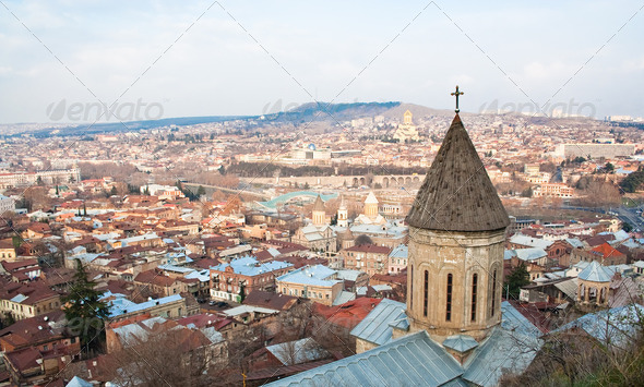 Panoramic view from Narikala Fortress. Tbilisi. Georgia. - Stock Photo - Images