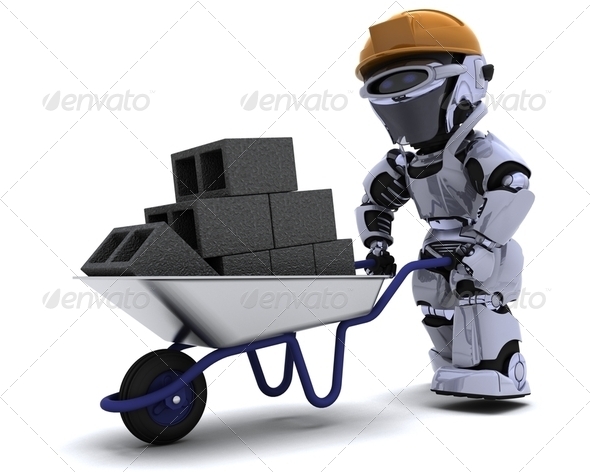 Robot Builder with a wheel barrow carrying bricks - Stock Photo - Images