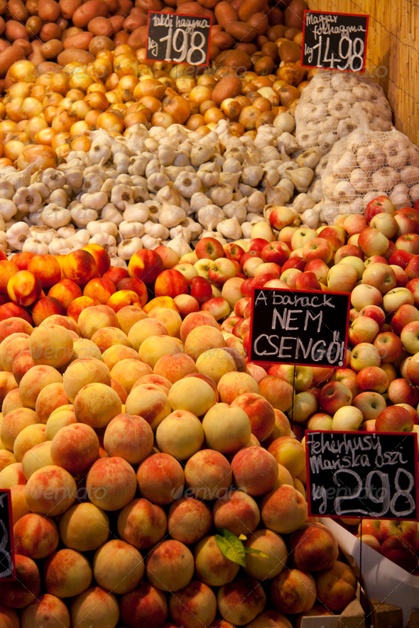 Fruit and vegetables on display in a market in Budapest - Stock Photo - Images