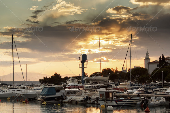 Cruise boats in Adriatic sea with sunset light - Stock Photo - Images