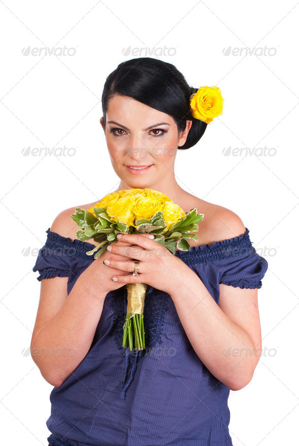 Beautiful woman holding yellow roses bouquet - Stock Photo - Images