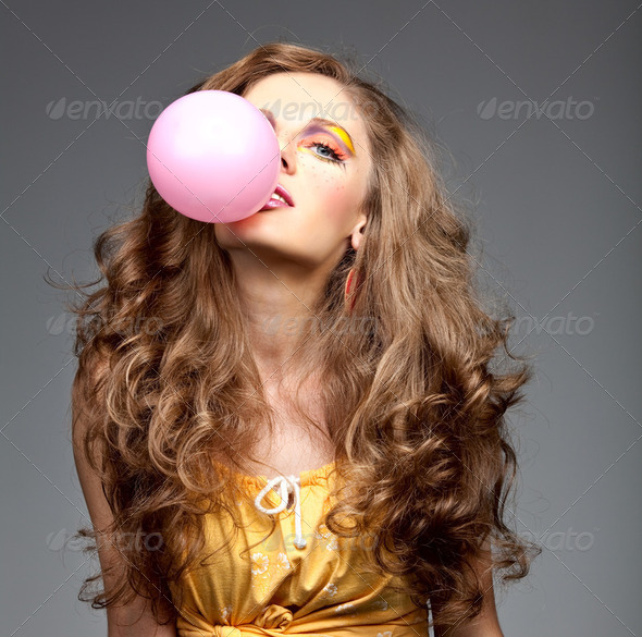 colorful, beauty portrait of a beautiful blonde woman with a big - Stock Photo - Images