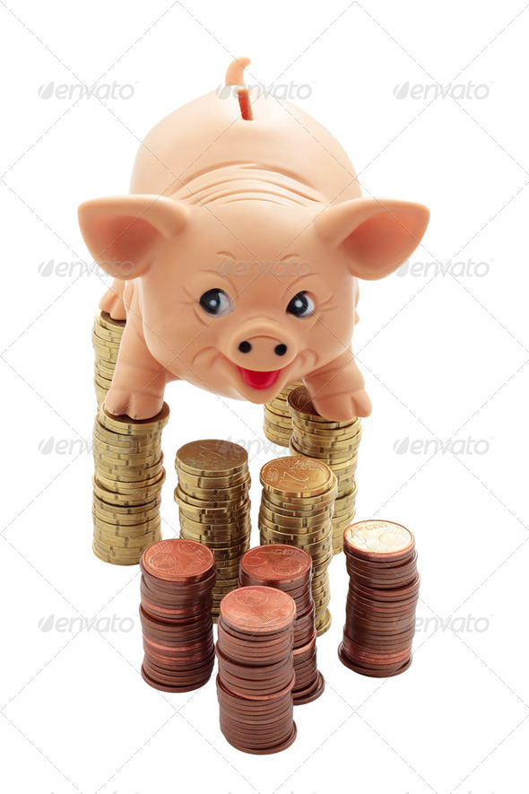 Porky en las columnas de coins - Stock Photo - Images