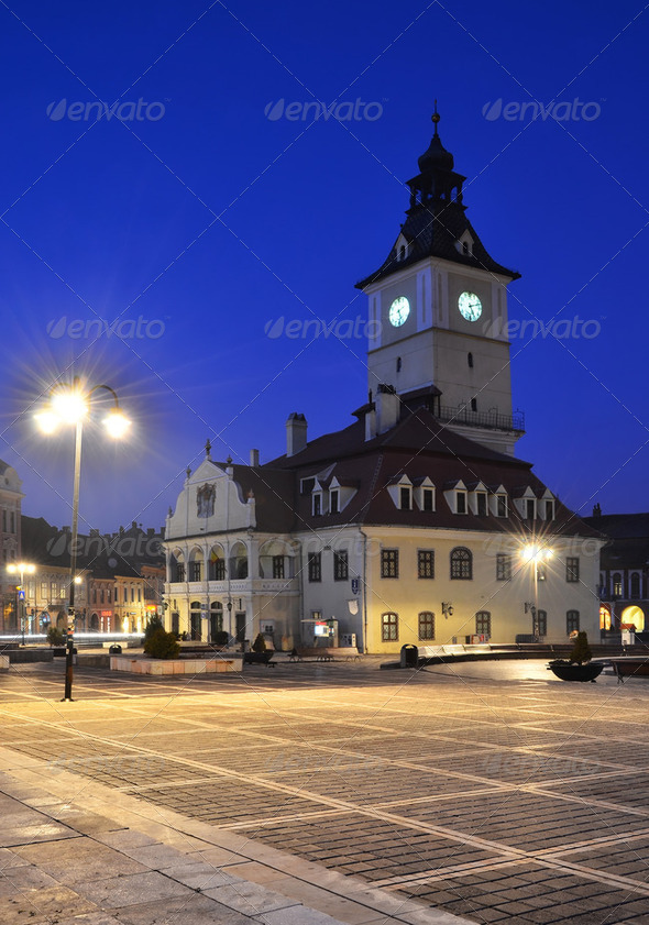 Brasov Council Square, night view in Romania - Stock Photo - Images