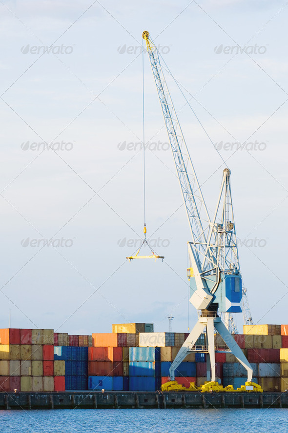 Large Cargo Crane and Containers at Seaport - Stock Photo - Images