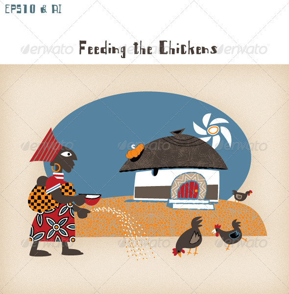 GraphicRiver African Hut with Woman Chickens & Sunshine 3406262 GraphicRiver African Hut with Woman Chickens & Sunshine 3406262