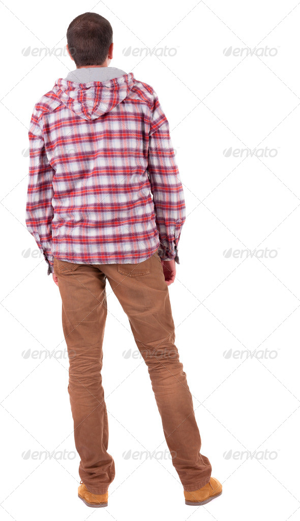 Back view of guy in a plaid shirt with hood looking. - Stock Photo - Images