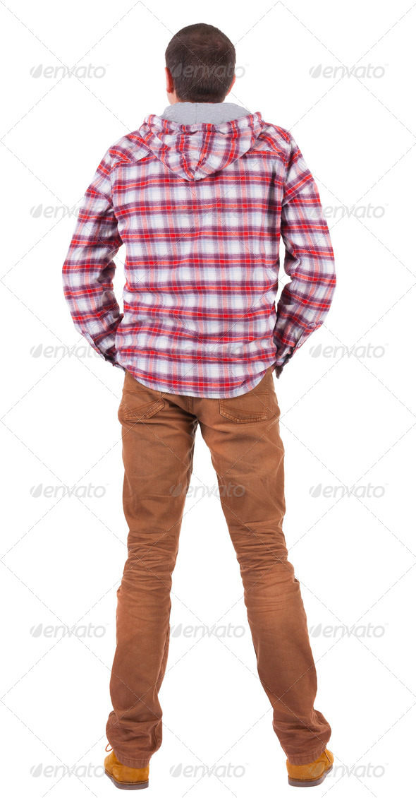 Back view of guy in a plaid shirt with hood looking. - Stock Photo - Images
