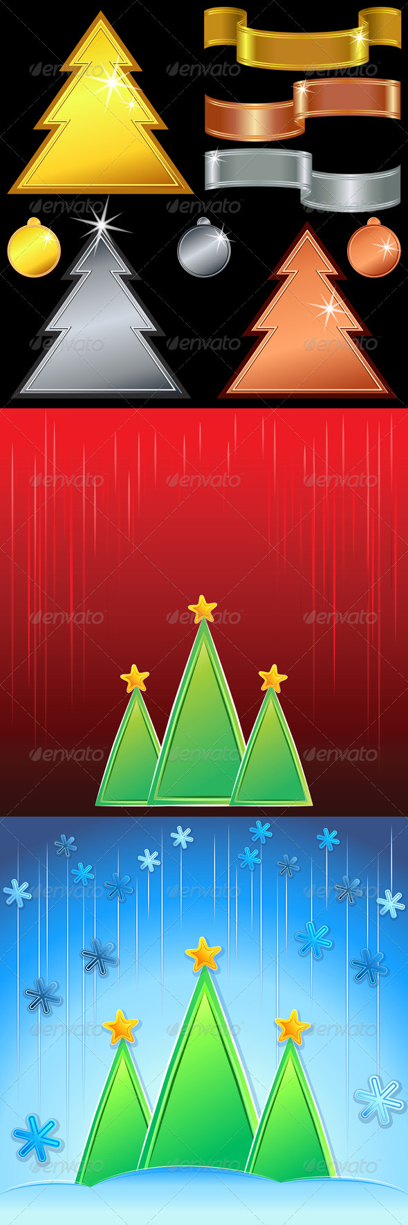 Vector Gold, Silver, Bronze Christmas Trees - Christmas Seasons/Holidays