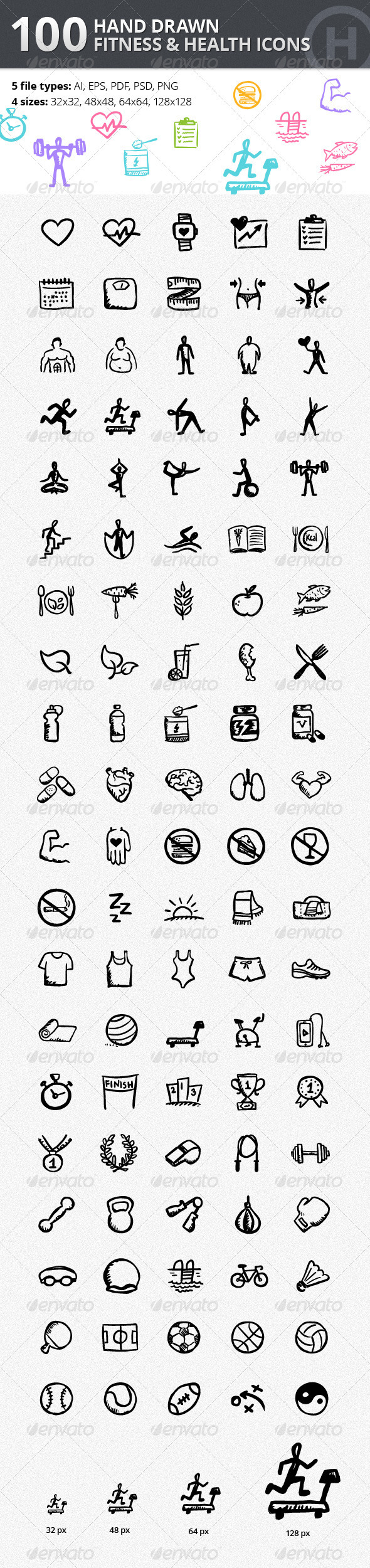 100 Hand-drawn Fitness and Health Icons - Web Icons