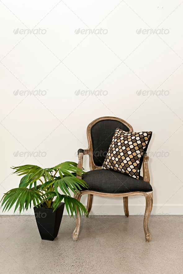 Antique armchair furniture with houseplant against white wall