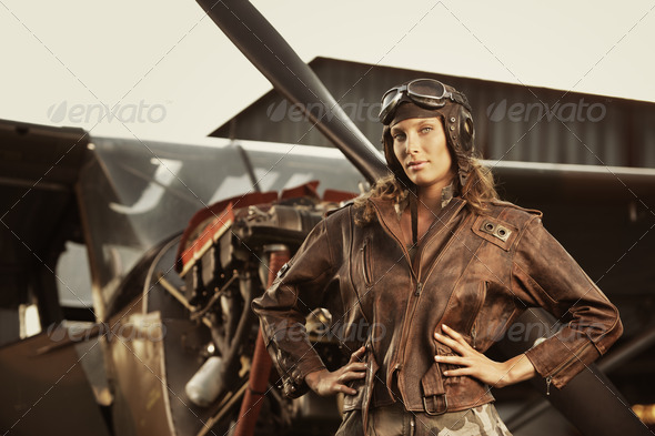 Beautiful woman pilot: vintage photo - Stock Photo - Images