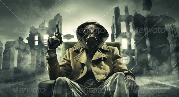 Post apocalyptic survivor in gas mask - Stock Photo - Images
