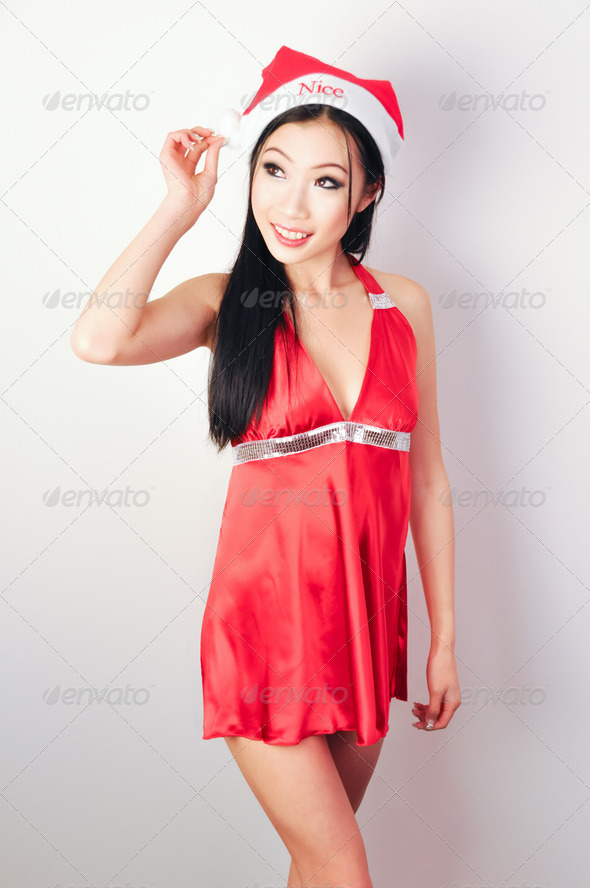 Miss Asia in Christmas Red Dress - Stock Photo - Images