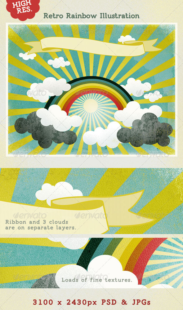 Rainbow with Sunshine & Clouds; Retro Style - Nature Backgrounds