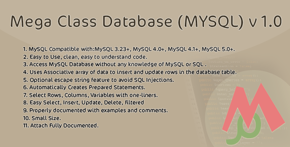 CodeCanyon Mega Class Database MYSQL v 1.0 3846333 CodeCanyon Mega Class Database MYSQL v 1.0 3846333