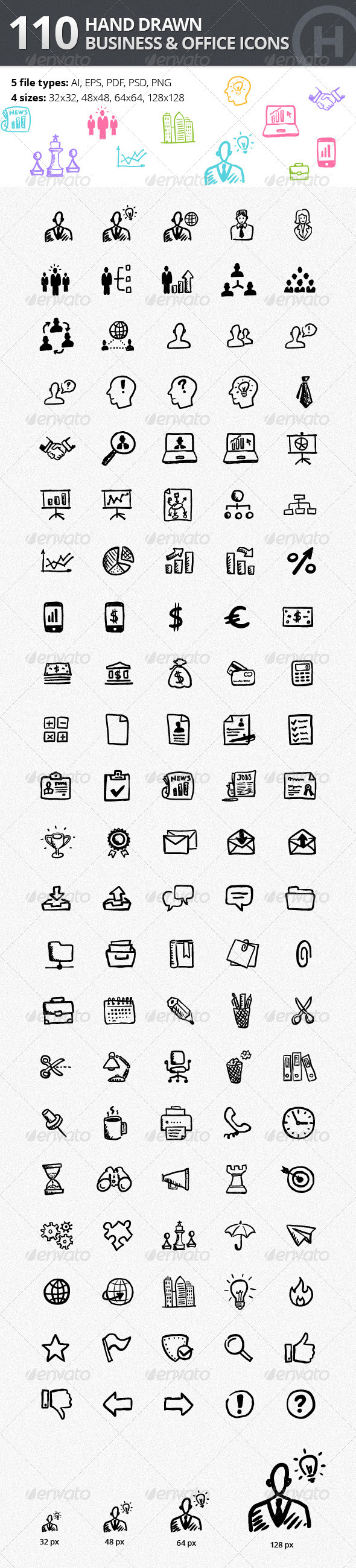 110 Hand-drawn Business and Office Icons - Business Icons