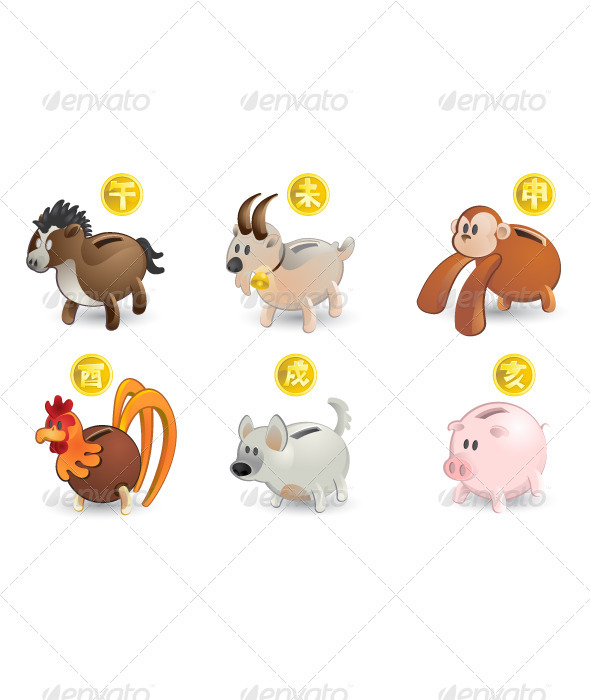 Chinese Zodiac Horse Goat Monkey Rooster Dog Pig - Animals Characters
