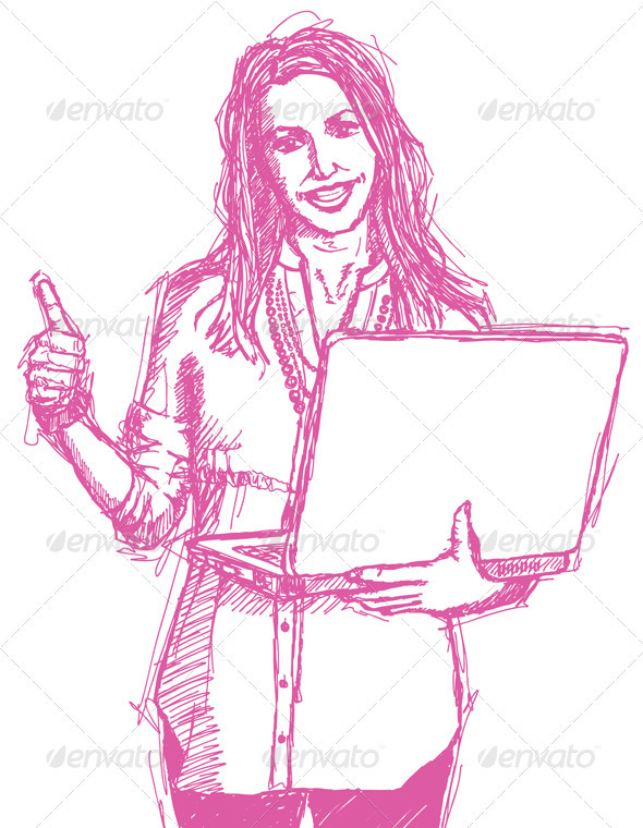 GraphicRiver Sketch Female with Laptop Shows Well Done 4017340 GraphicRiver Sketch Female with Laptop Shows Well Done 4017340