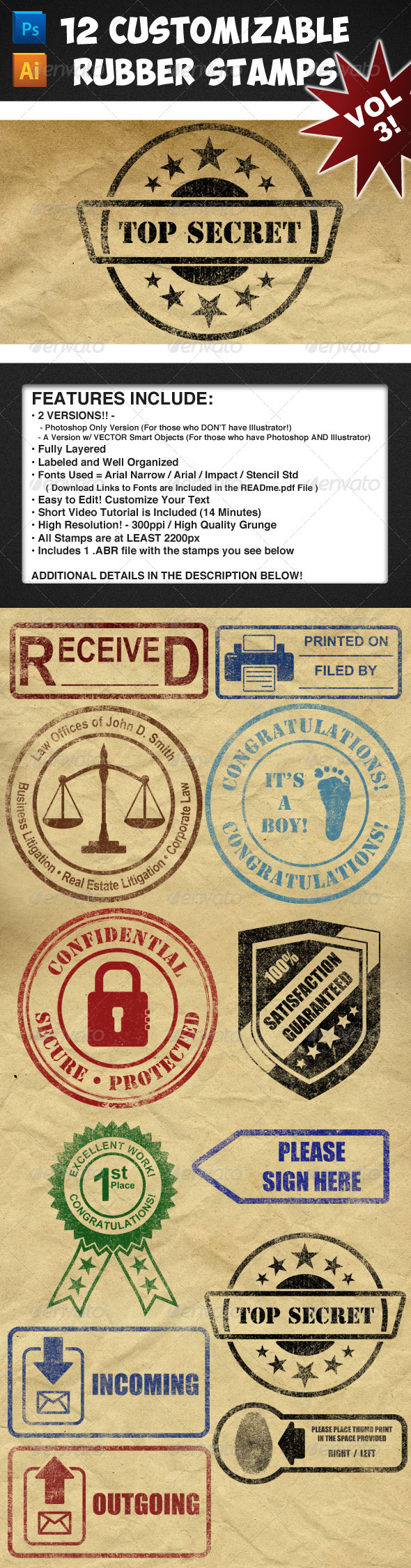 12 Customizable Rubber Stamps - Volume 3 - Photoshop Add-ons