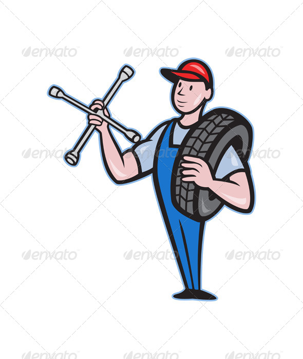 GraphicRiver Mechanic With Tire Socket Wrench And Tire 4110138 GraphicRiver Mechanic With Tire Socket Wrench And Tire 4110138