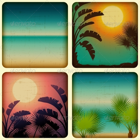 GraphicRiver Retro Tropical Cards with Seaside and Palm Trees 4153497 GraphicRiver Retro Tropical Cards with Seaside and Palm Trees 4153497