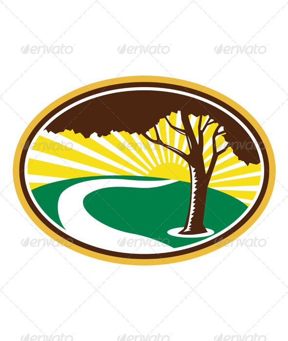 GraphicRiver Pecan Tree Winding River Sunrise Retro 4170586 GraphicRiver Pecan Tree Winding River Sunrise Retro 4170586