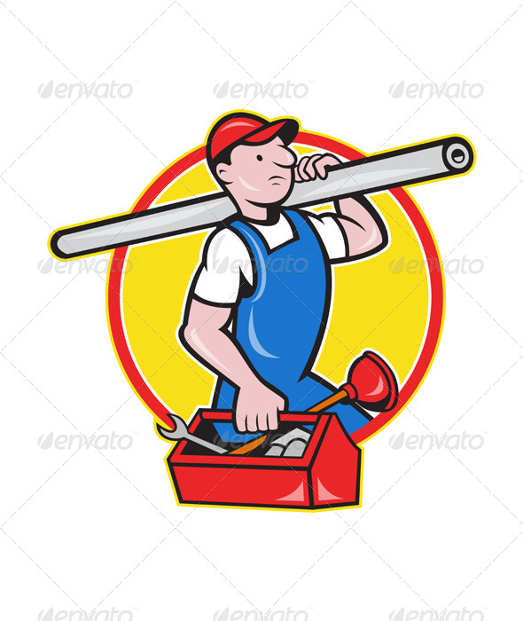 Plumber with Pipe Toolbox Cartoon - People Characters